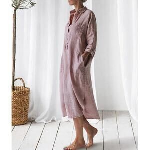 Cozinen Long Sleeve Midi Shirt Dress Half Button Front Loose Fit Pink Womens OS